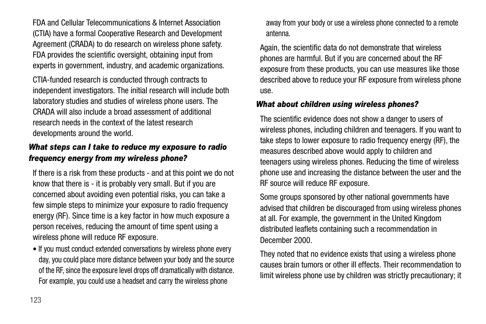 What about children using wireless phones | Samsung SECR450ZRAMTR User Manual | Page 126 / 150