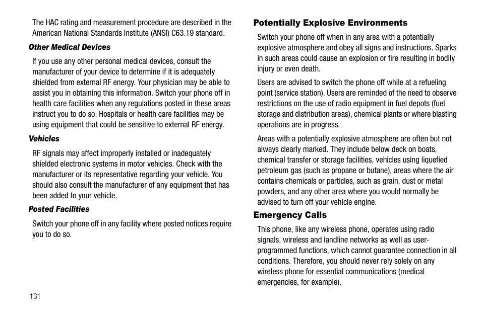 Other medical devices, Vehicles, Posted facilities | Potentially explosive environments, Emergency calls, Potentially explosive environments emergency calls | Samsung SECR450ZRAMTR User Manual | Page 134 / 150