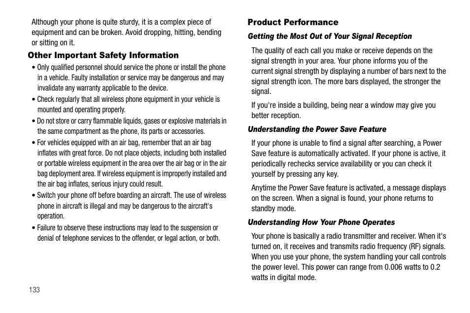 Other important safety information, Product performance, Getting the most out of your signal reception | Understanding the power save feature, Understanding how your phone operates | Samsung SECR450ZRAMTR User Manual | Page 136 / 150