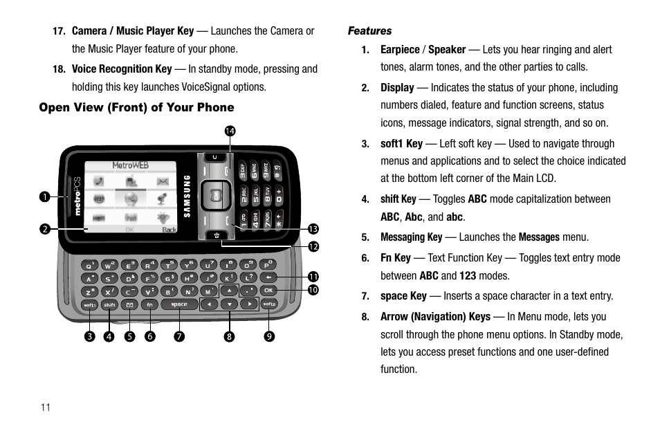 Open view (front) of your phone, Features | Samsung SECR450ZRAMTR User Manual | Page 14 / 150