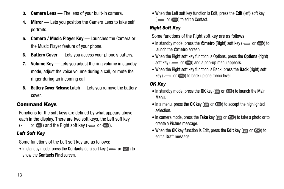 Command keys, Left soft key, Right soft key | Ok key | Samsung SECR450ZRAMTR User Manual | Page 16 / 150