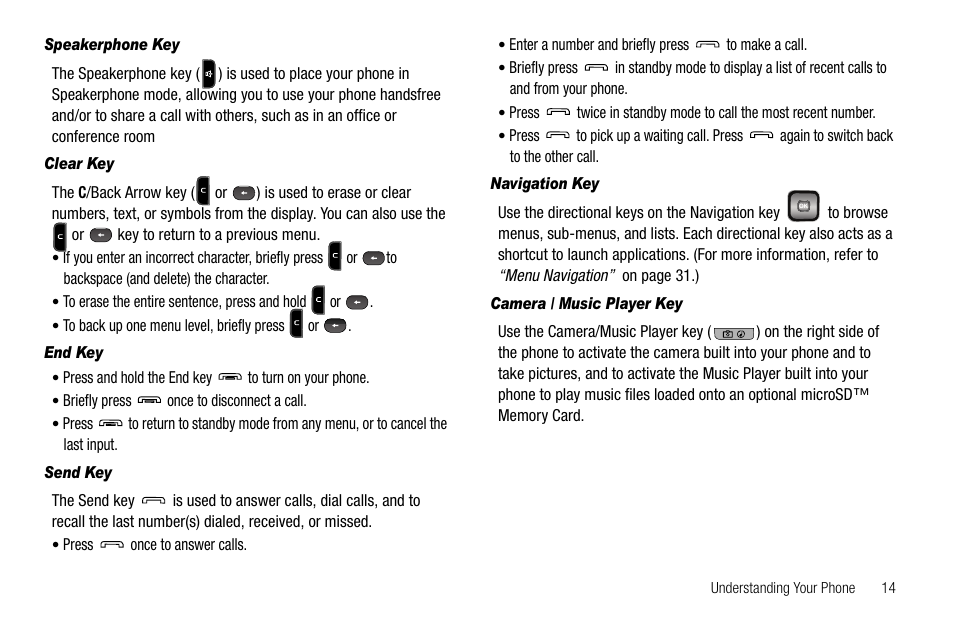 Speakerphone key, Clear key, End key | Send key, Navigation key, Camera / music player key | Samsung SECR450ZRAMTR User Manual | Page 17 / 150