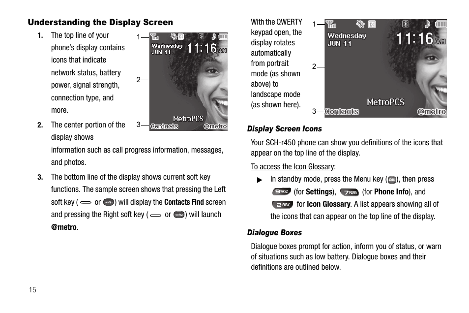 Understanding the display screen, Display screen icons, Dialogue boxes | Samsung SECR450ZRAMTR User Manual | Page 18 / 150