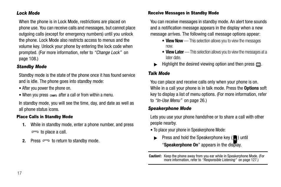 Lock mode, Standby mode, Place calls in standby mode | Receive messages in standby mode, Talk mode, Speakerphone mode | Samsung SECR450ZRAMTR User Manual | Page 20 / 150