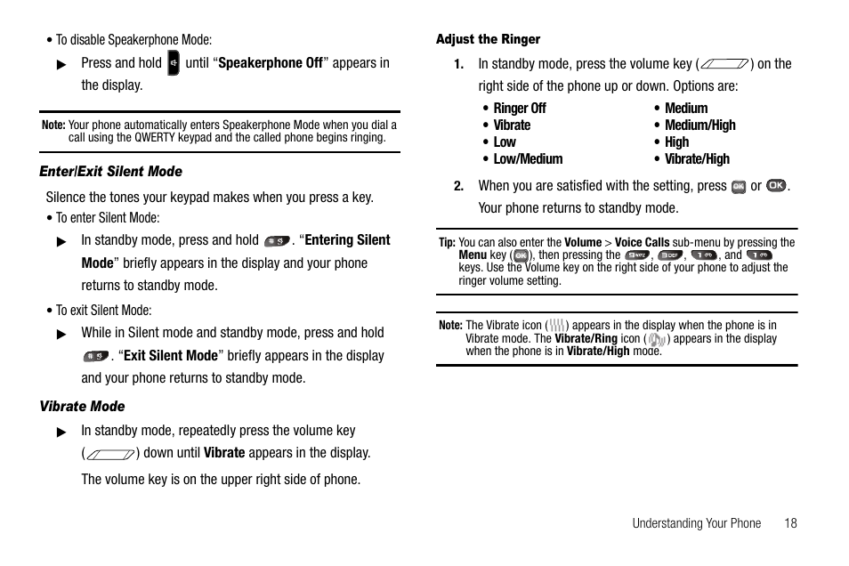 Enter/exit silent mode, Vibrate mode, Adjust the ringer | Samsung SECR450ZRAMTR User Manual | Page 21 / 150