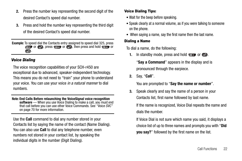 Voice dialing, Voice dialing tips, Dialing a name | Samsung SECR450ZRAMTR User Manual | Page 25 / 150