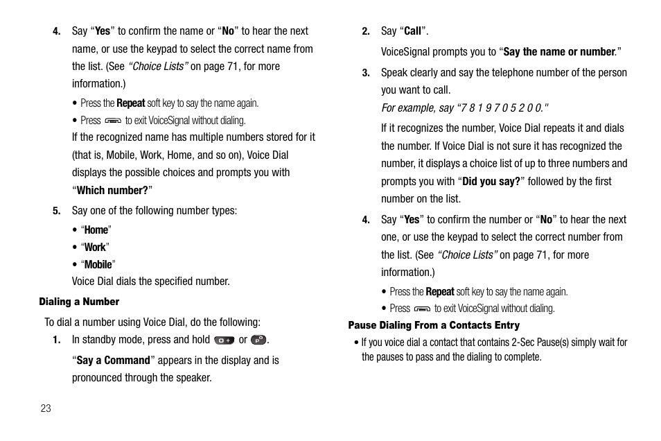 Dialing a number, Pause dialing from a contacts entry | Samsung SECR450ZRAMTR User Manual | Page 26 / 150