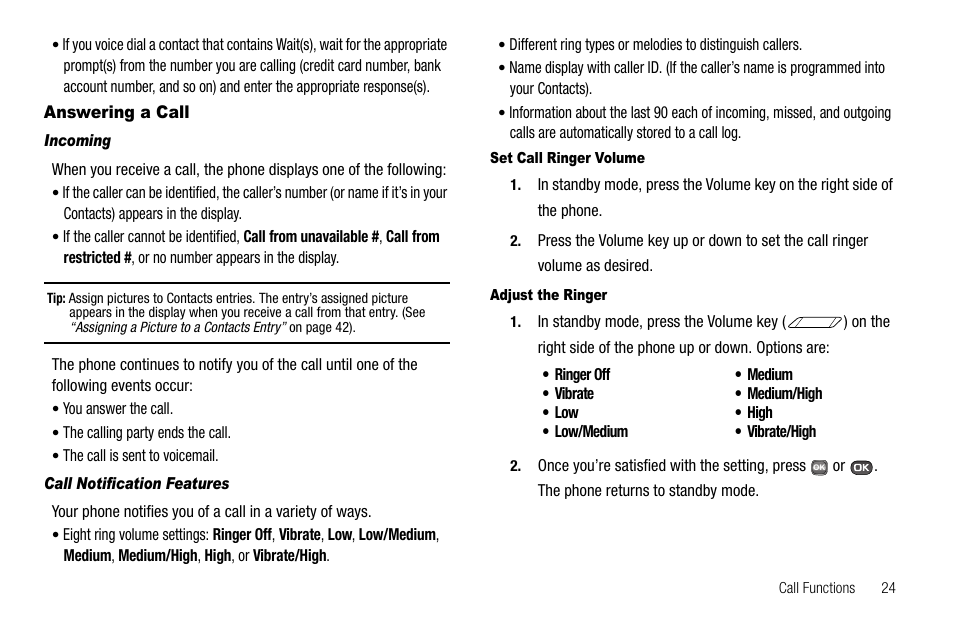 Answering a call, Incoming, Call notification features | Set call ringer volume, Adjust the ringer | Samsung SECR450ZRAMTR User Manual | Page 27 / 150