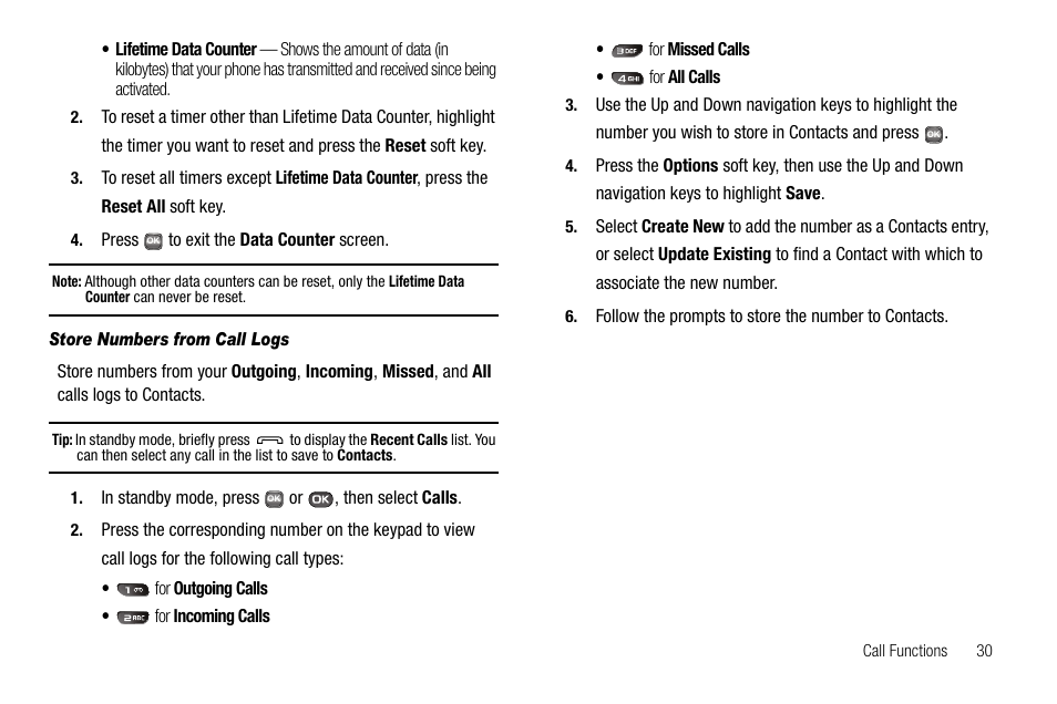 Store numbers from call logs | Samsung SECR450ZRAMTR User Manual | Page 33 / 150