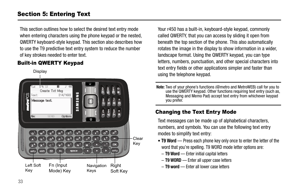 Section 5: entering text, Built-in qwerty keypad, Changing the text entry mode | Samsung SECR450ZRAMTR User Manual | Page 36 / 150