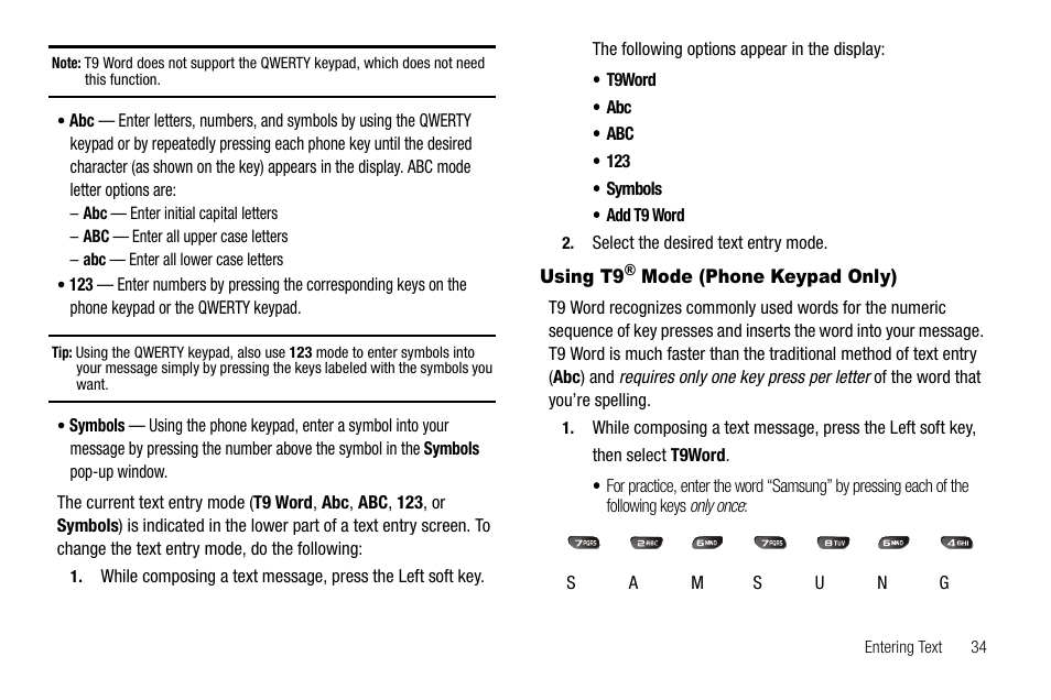 Using t9® mode (phone keypad only) | Samsung SECR450ZRAMTR User Manual | Page 37 / 150