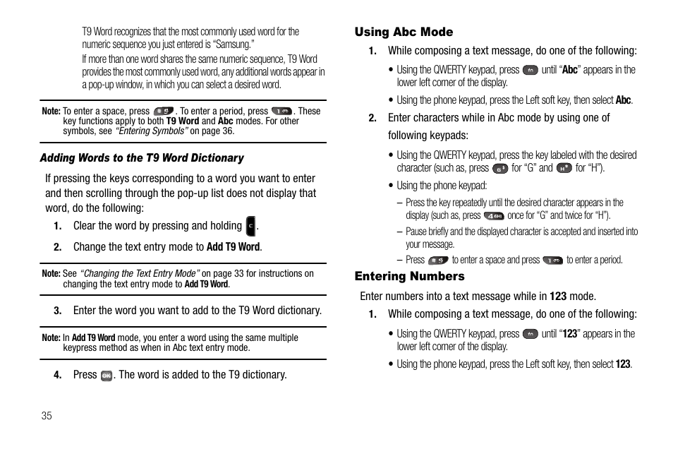 Adding words to the t9 word dictionary, Using abc mode, Entering numbers | Using abc mode entering numbers | Samsung SECR450ZRAMTR User Manual | Page 38 / 150