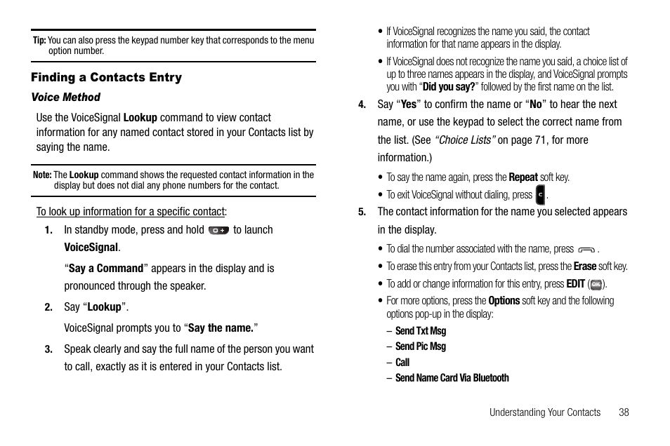 Finding a contacts entry, Voice method | Samsung SECR450ZRAMTR User Manual | Page 41 / 150