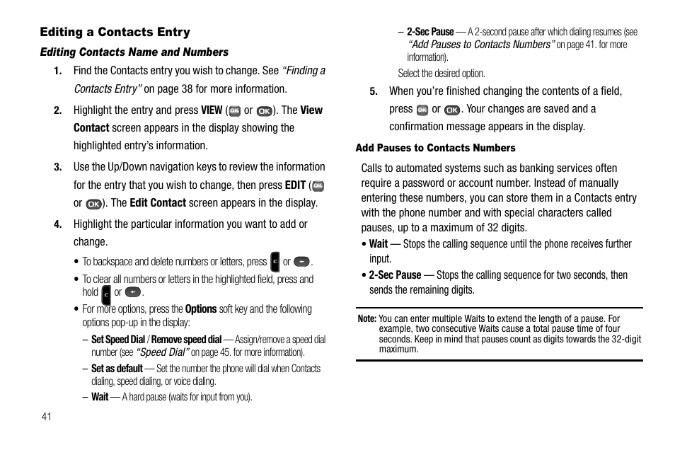 Editing a contacts entry, Editing contacts name and numbers, Add pauses to contacts numbers | Samsung SECR450ZRAMTR User Manual | Page 44 / 150