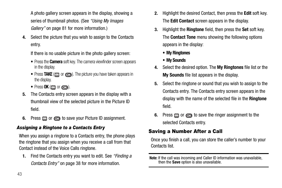 Assigning a ringtone to a contacts entry, Saving a number after a call | Samsung SECR450ZRAMTR User Manual | Page 46 / 150