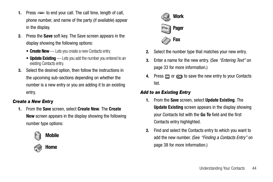 Create a new entry, Add to an existing entry | Samsung SECR450ZRAMTR User Manual | Page 47 / 150