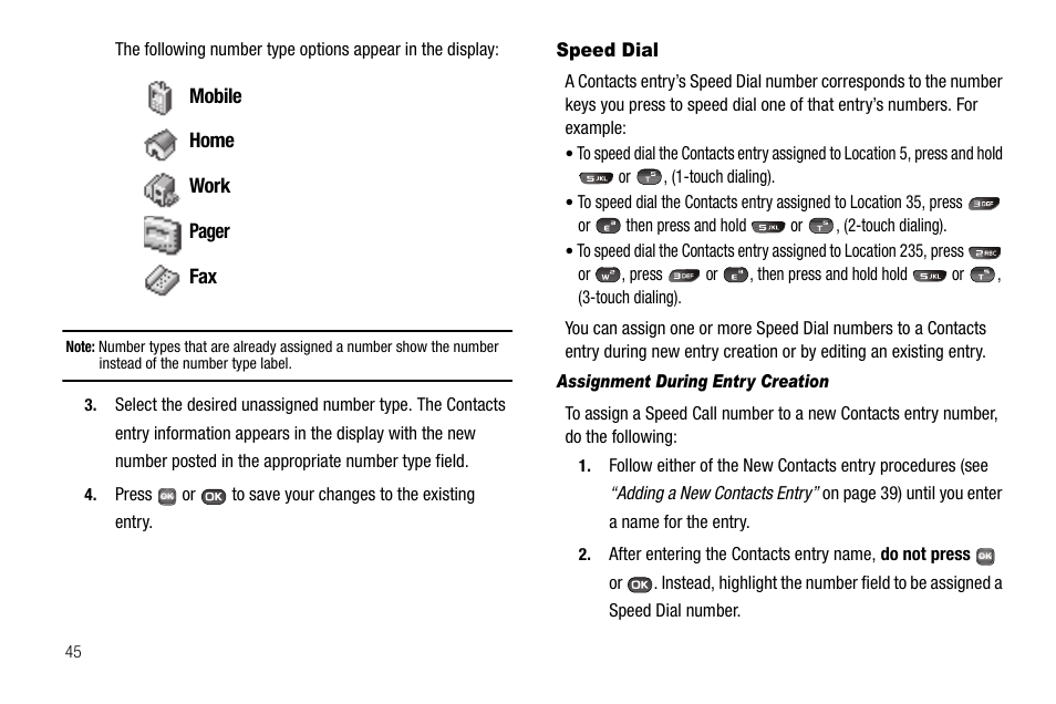 Speed dial, Assignment during entry creation | Samsung SECR450ZRAMTR User Manual | Page 48 / 150