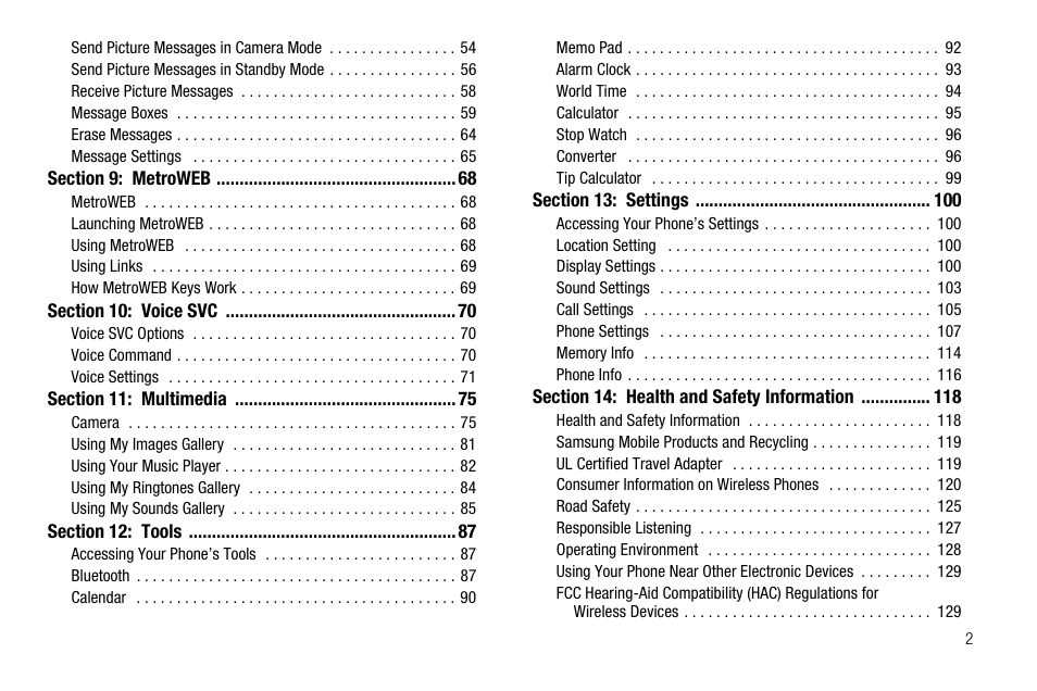 Section 9: metroweb 68, Section 10: voice svc 70, Section 11: multimedia 75 | Section 12: tools 87, Section 13: settings 100, Section 14: health and safety information 118 | Samsung SECR450ZRAMTR User Manual | Page 5 / 150