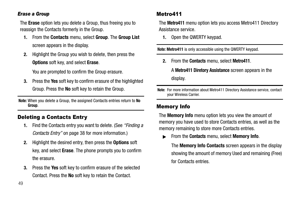 Erase a group, Deleting a contacts entry, Metro411 | Memory info, Deleting a contacts entry metro411 memory info | Samsung SECR450ZRAMTR User Manual | Page 52 / 150