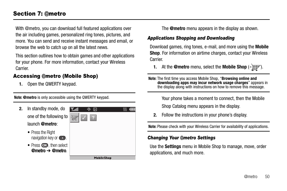 Section 7: @metro, Accessing @metro (mobile shop), Applications shopping and downloading | Changing your @metro settings | Samsung SECR450ZRAMTR User Manual | Page 53 / 150