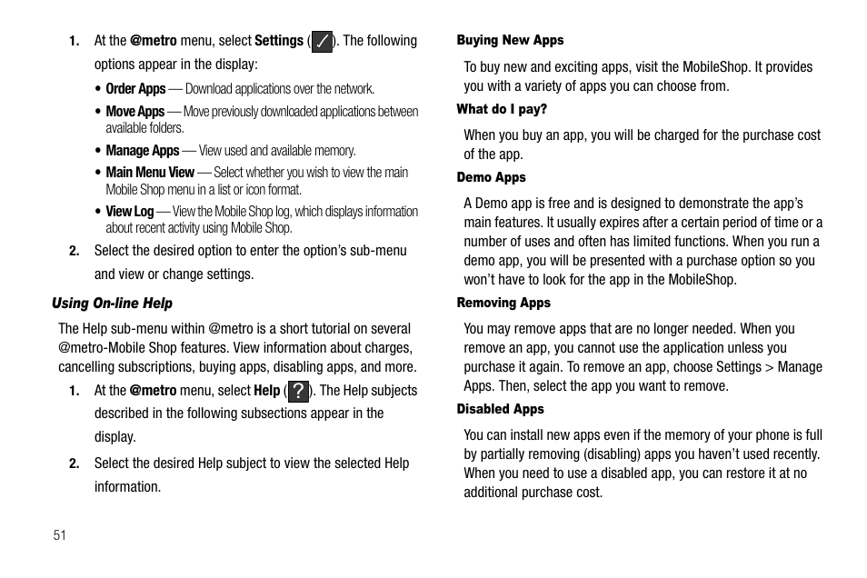 Using on-line help, Buying new apps, What do i pay | Demo apps, Removing apps, Disabled apps | Samsung SECR450ZRAMTR User Manual | Page 54 / 150