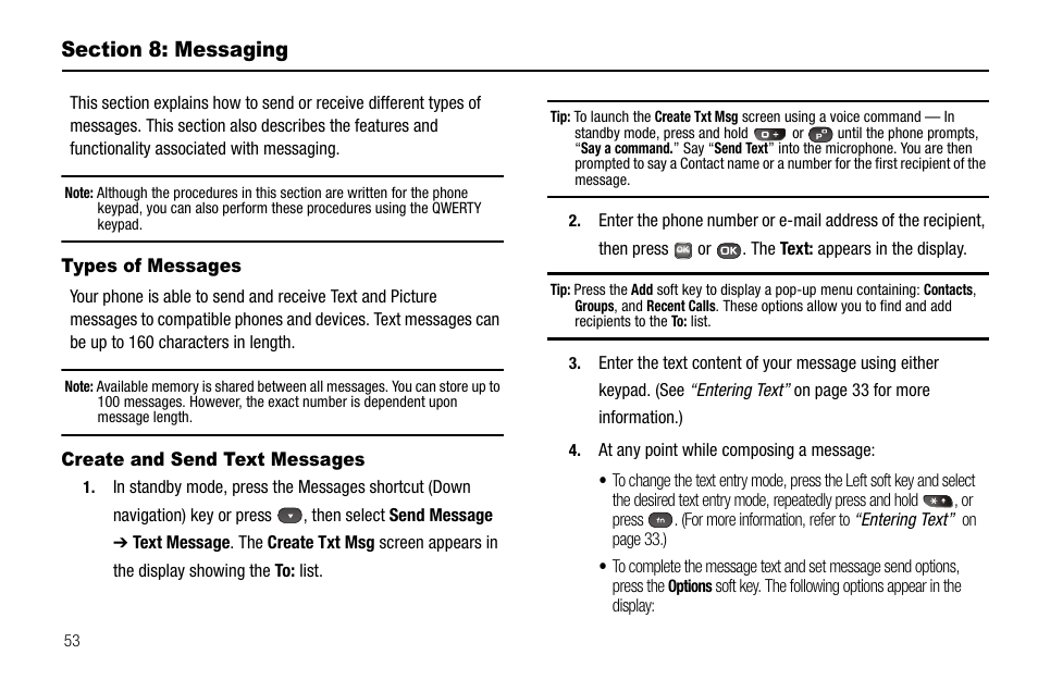 Section 8: messaging, Types of messages, Create and send text messages | Types of messages create and send text messages | Samsung SECR450ZRAMTR User Manual | Page 56 / 150