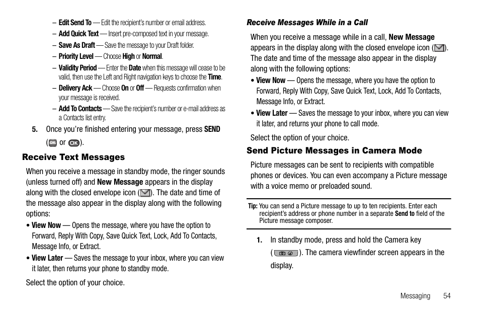 Receive text messages, Receive messages while in a call, Send picture messages in camera mode | Samsung SECR450ZRAMTR User Manual | Page 57 / 150