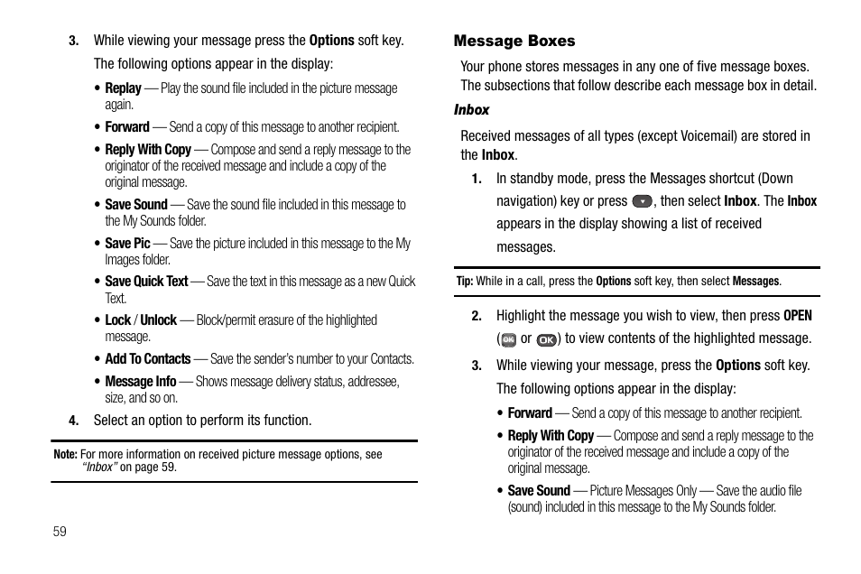 Message boxes, Inbox | Samsung SECR450ZRAMTR User Manual | Page 62 / 150