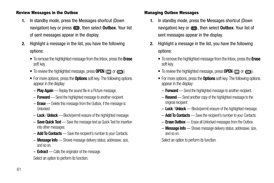 Review messages in the outbox, Managing outbox messages | Samsung SECR450ZRAMTR User Manual | Page 64 / 150