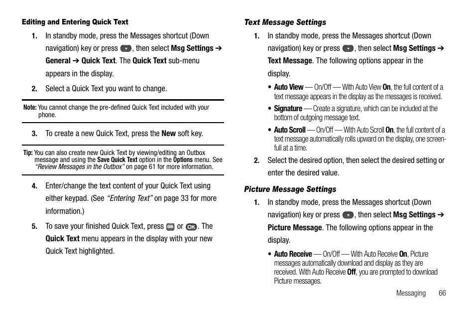 Editing and entering quick text, Text message settings, Picture message settings | Samsung SECR450ZRAMTR User Manual | Page 69 / 150