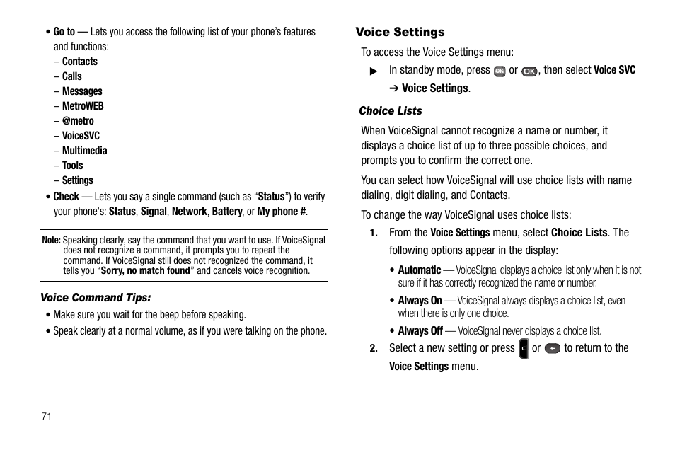 Voice command tips, Voice settings, Choice lists | Samsung SECR450ZRAMTR User Manual | Page 74 / 150