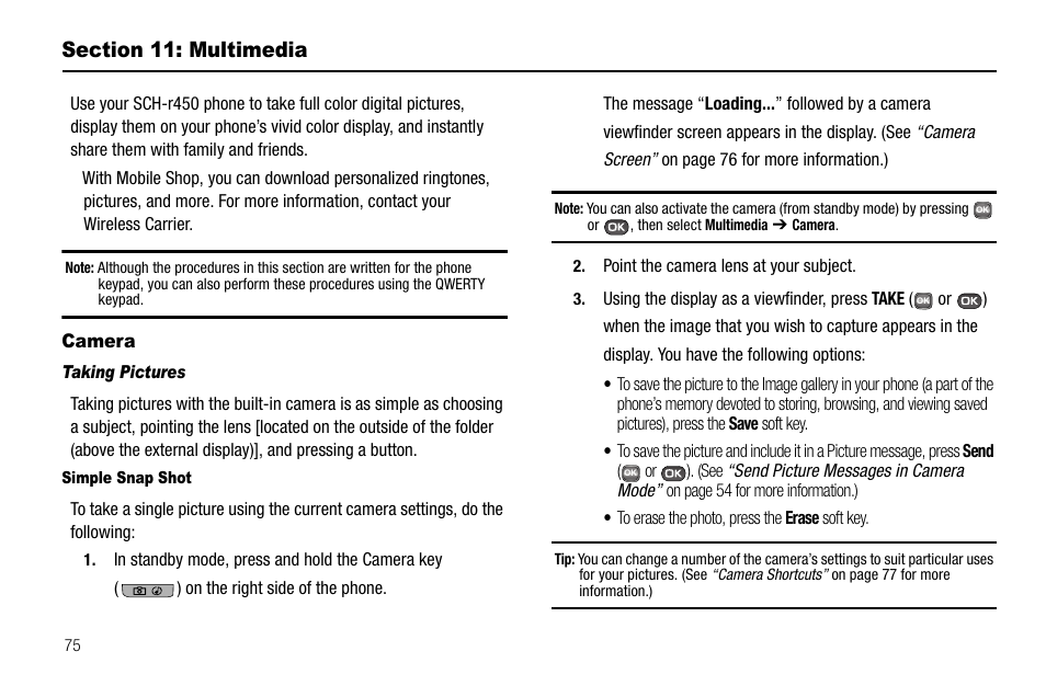 Section 11: multimedia, Camera, Taking pictures | Simple snap shot | Samsung SECR450ZRAMTR User Manual | Page 78 / 150