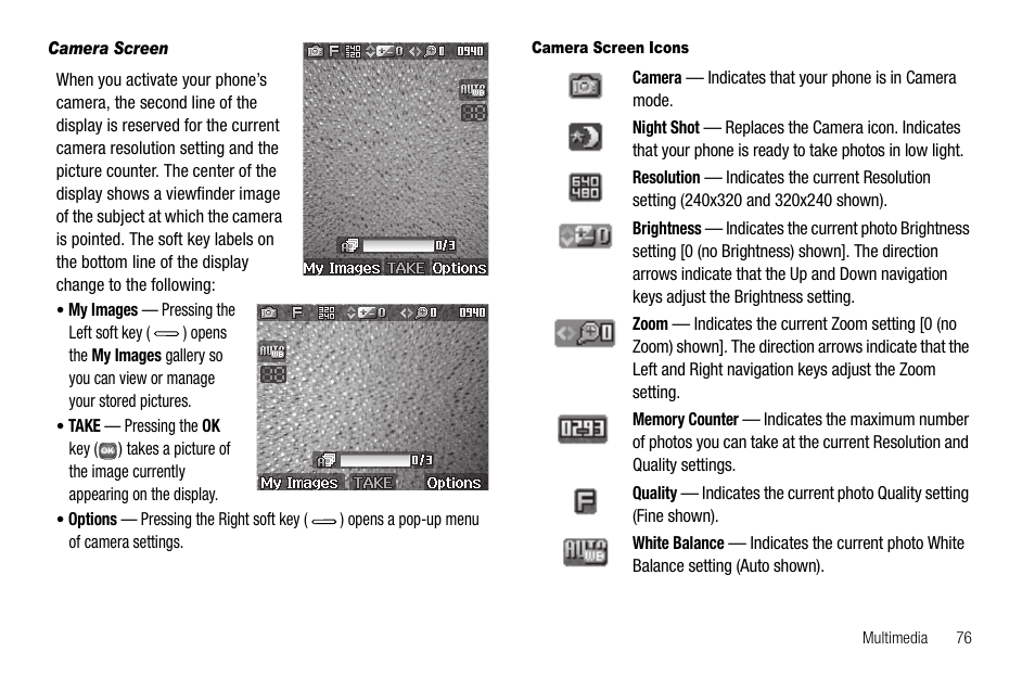 Camera screen, Camera screen icons, Camera | Samsung SECR450ZRAMTR User Manual | Page 79 / 150