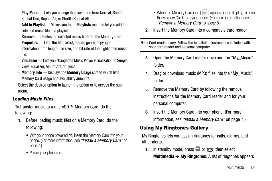 Loading music files, Using my ringtones gallery | Samsung SECR450ZRAMTR User Manual | Page 87 / 150