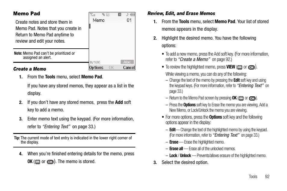 Memo pad, Create a memo, Review, edit, and erase memos | Samsung SECR450ZRAMTR User Manual | Page 95 / 150