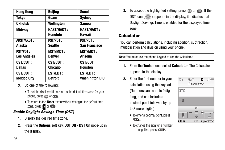 Enable daylight savings time (dst), Calculator | Samsung SECR450ZRAMTR User Manual | Page 98 / 150