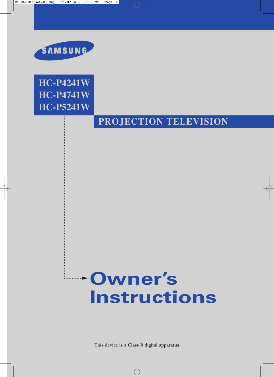 Owner’s instructions, Projection television | Samsung HCP5241W3S-XAA User Manual | Page 2 / 65