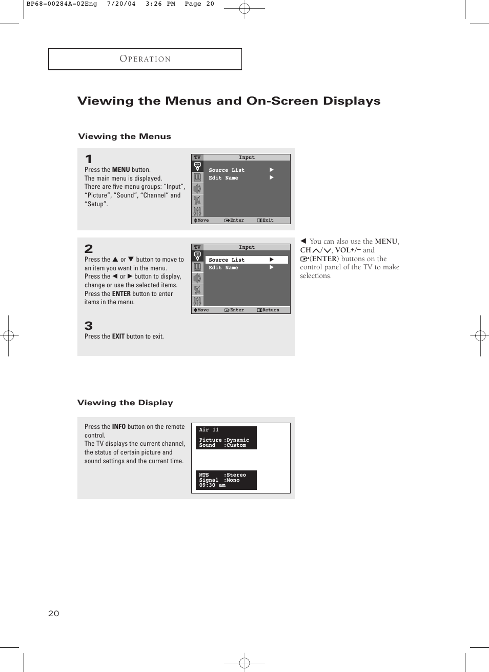 Viewing the menus and on-screen displays, Viewing the menus, Viewing the display | Samsung HCP5241W3S-XAA User Manual | Page 21 / 65