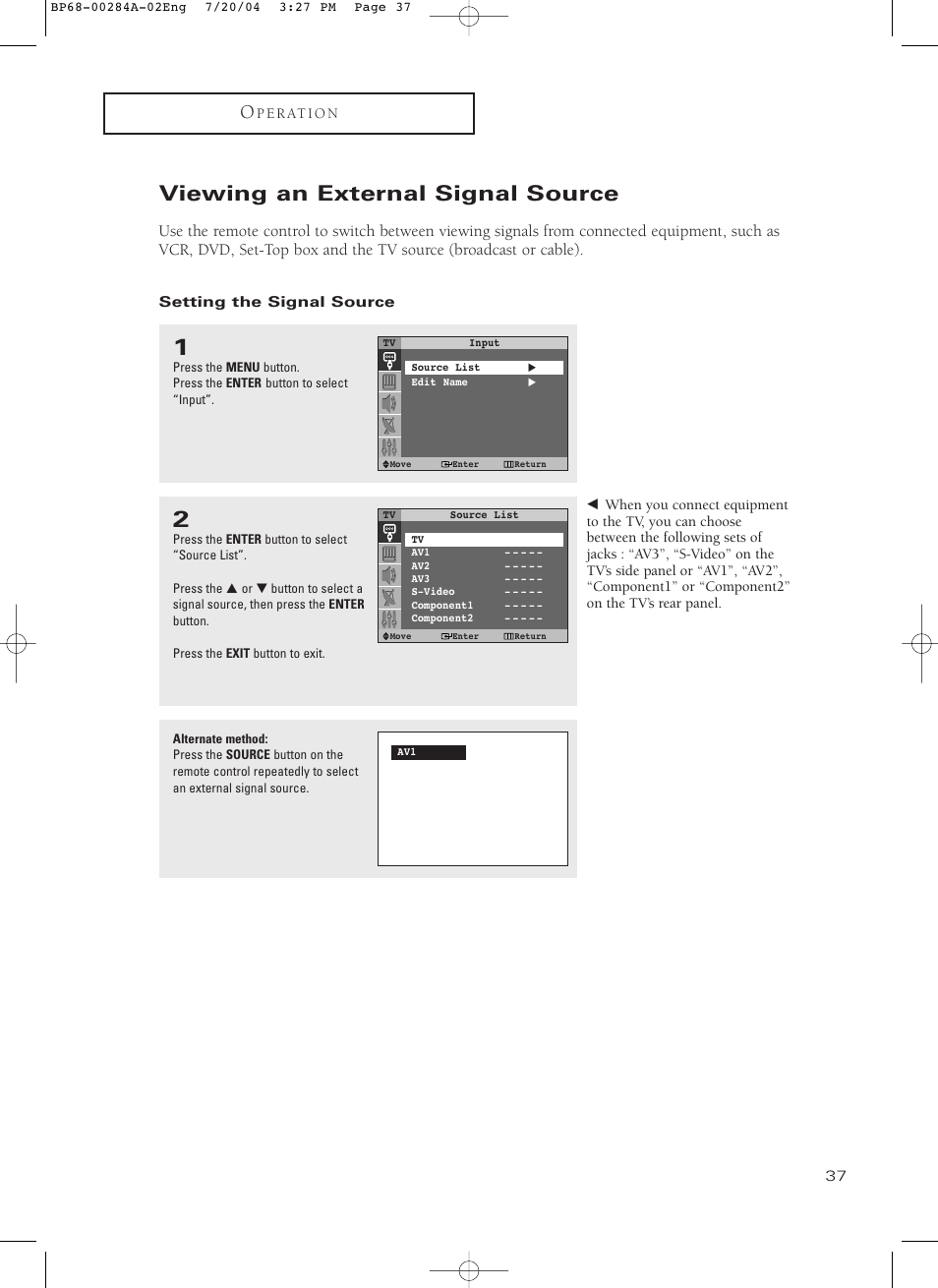 Viewing an external signal source, Setting the signal source | Samsung HCP5241W3S-XAA User Manual | Page 38 / 65