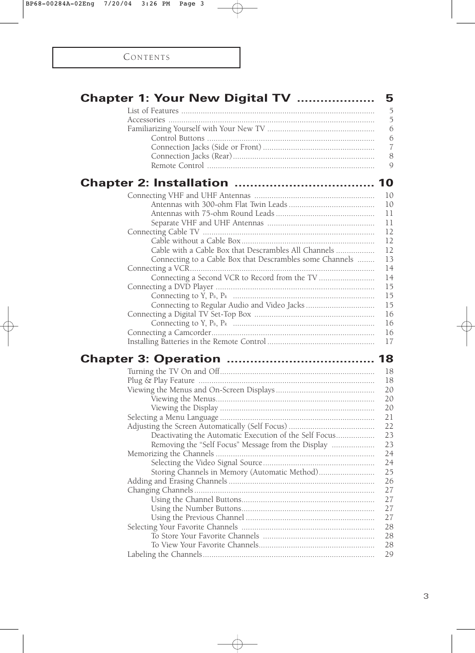Chapter 1: your new digital tv, Chapter 2: installation, Chapter 3: operation | Samsung HCP5241W3S-XAA User Manual | Page 4 / 65