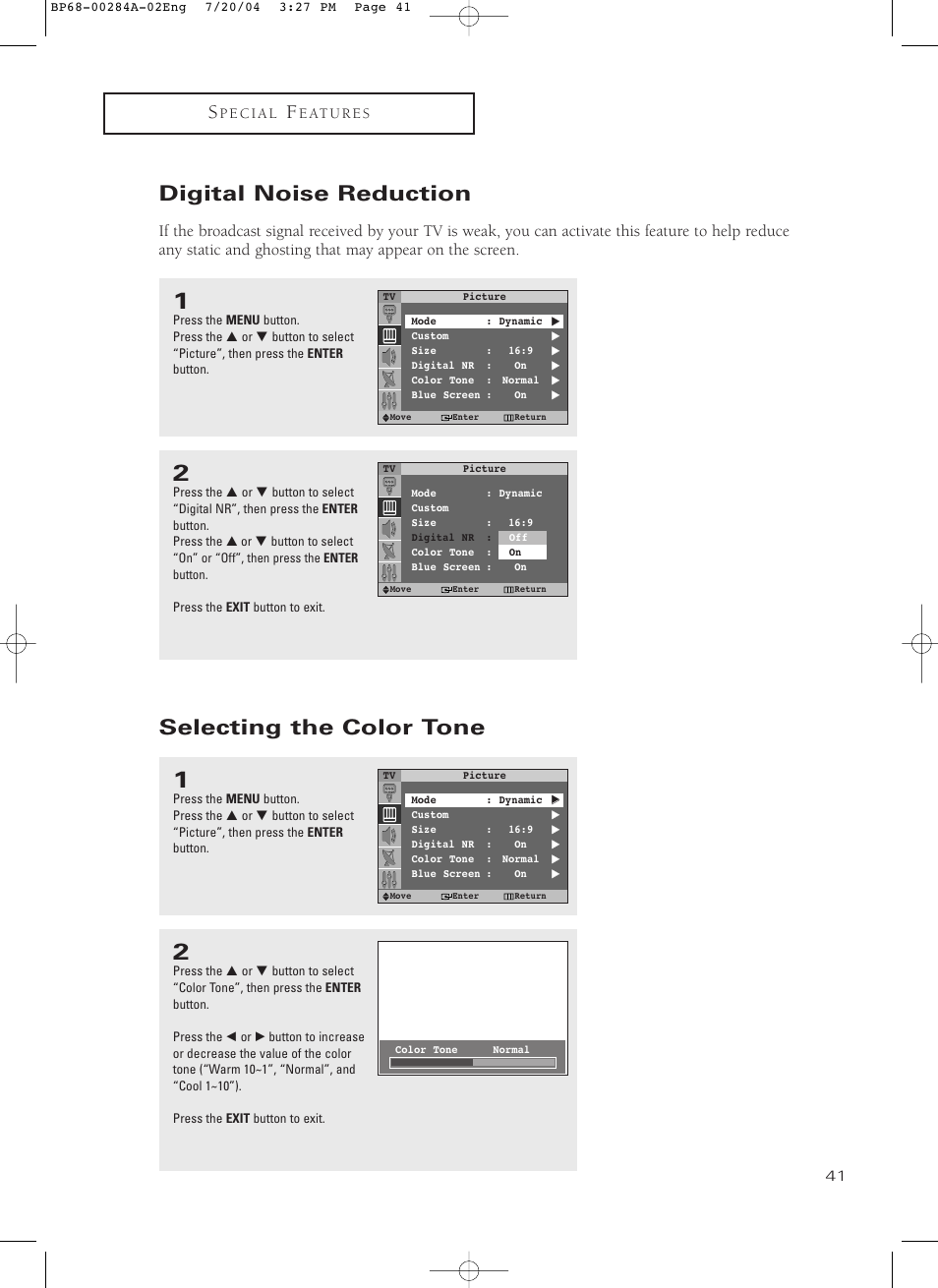 Digital noise reduction, Selecting the color tone | Samsung HCP5241W3S-XAA User Manual | Page 42 / 65