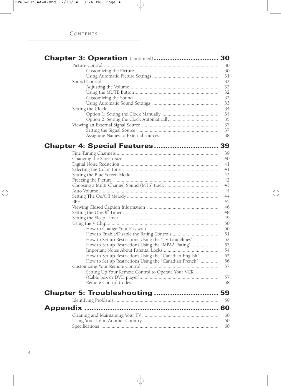 Chapter 3: operation, Chapter 4: special features, Chapter 5: troubleshooting | Appendix | Samsung HCP5241W3S-XAA User Manual | Page 5 / 65