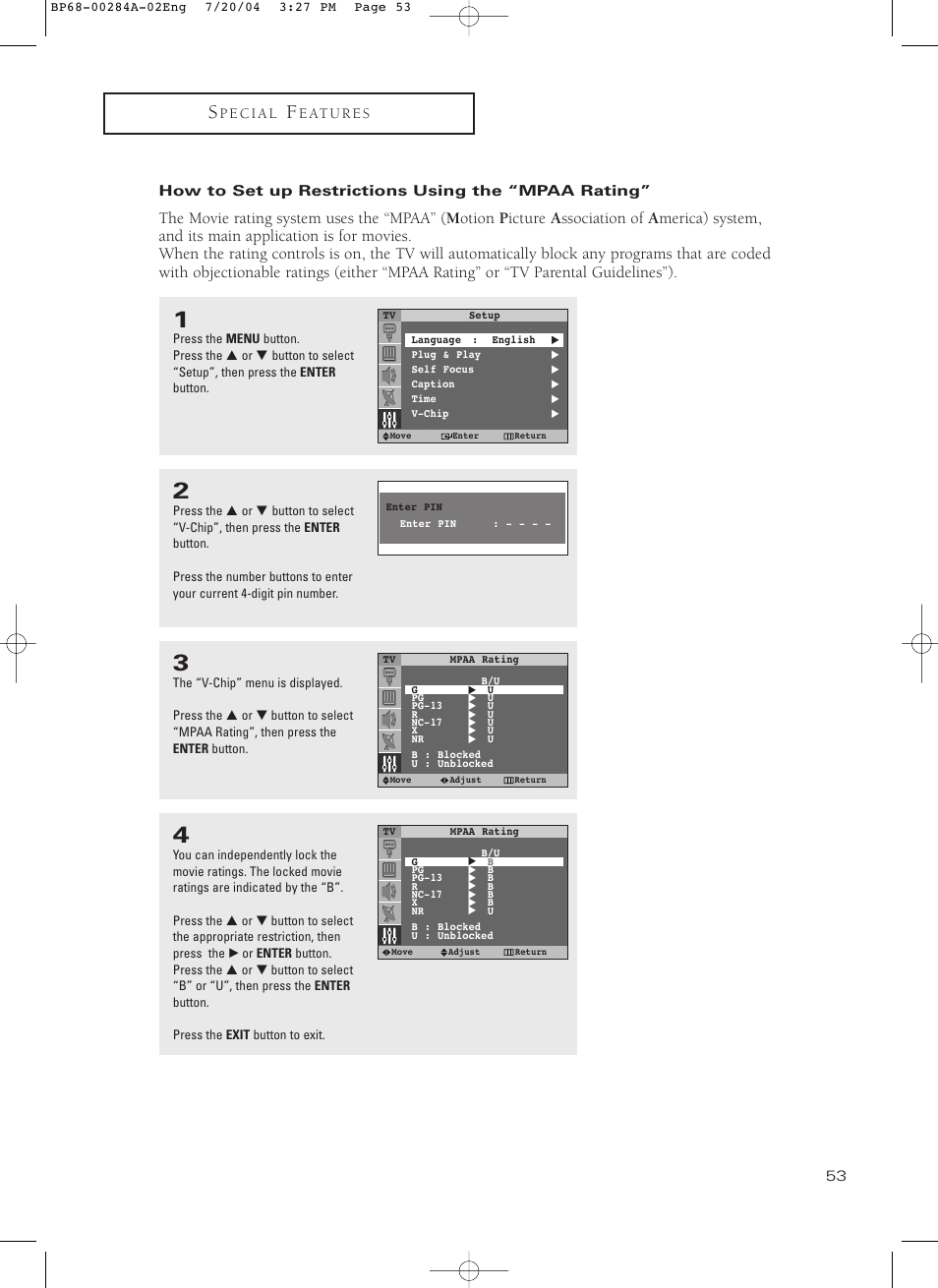 How to set up restrictions using the "mpaa rating | Samsung HCP5241W3S-XAA User Manual | Page 54 / 65