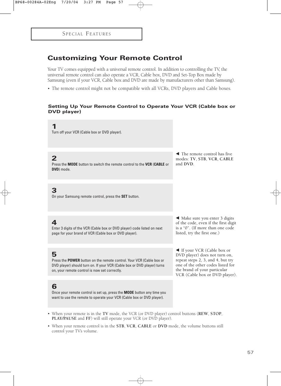 Customizing your remote control | Samsung HCP5241W3S-XAA User Manual | Page 58 / 65