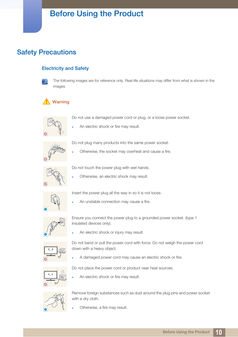 Safety precautions, Electricity and safety, Before using the product | Samsung LS27B550VSY-ZA User Manual | Page 10 / 102