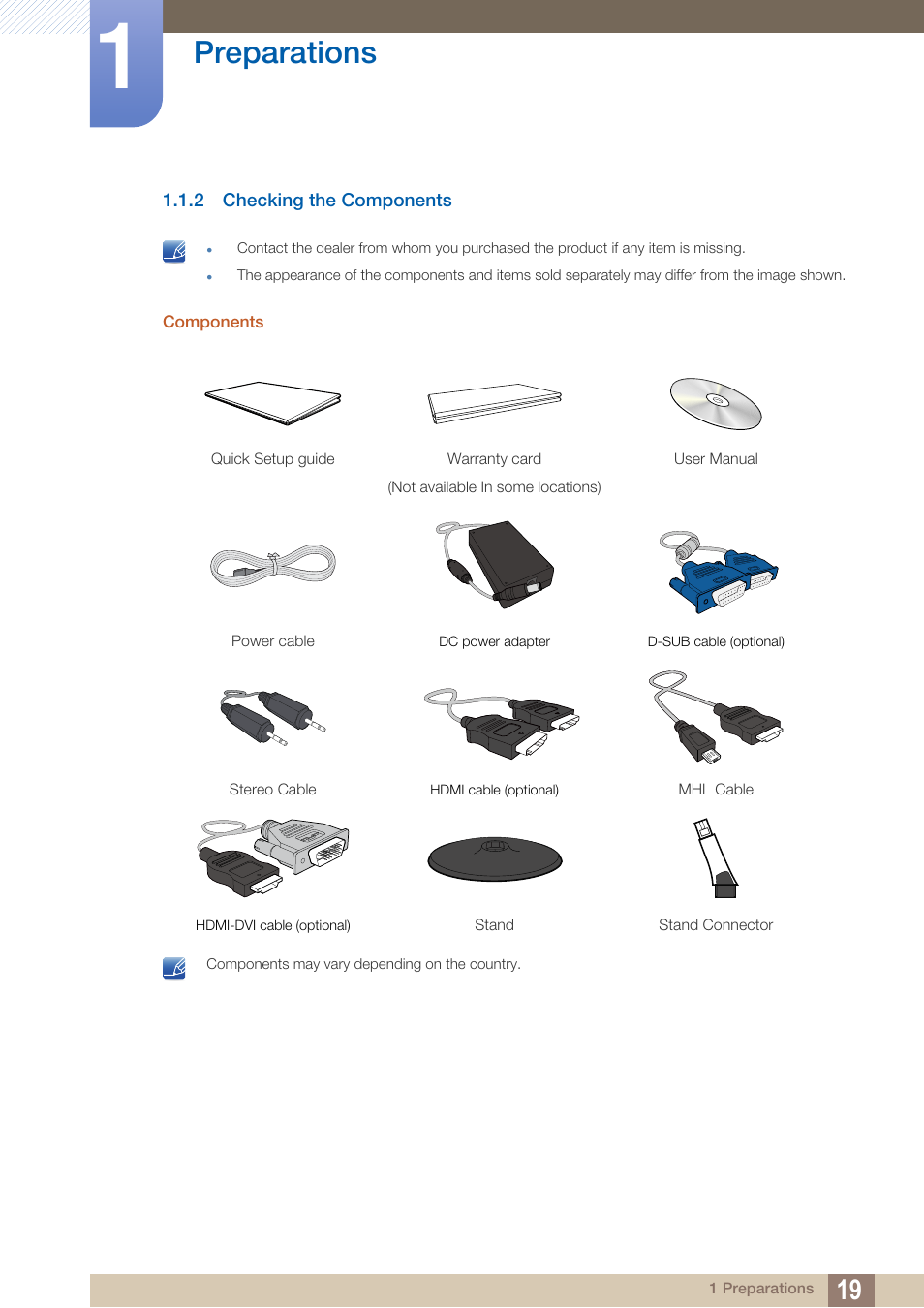 2 checking the components, Checking the components, Preparations | Samsung LS27B550VSY-ZA User Manual | Page 19 / 102