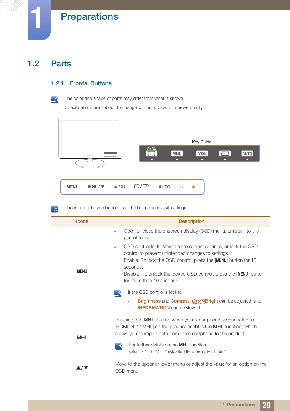 2 parts, 1 frontal buttons, Parts | Frontal buttons, Preparations | Samsung LS27B550VSY-ZA User Manual | Page 20 / 102