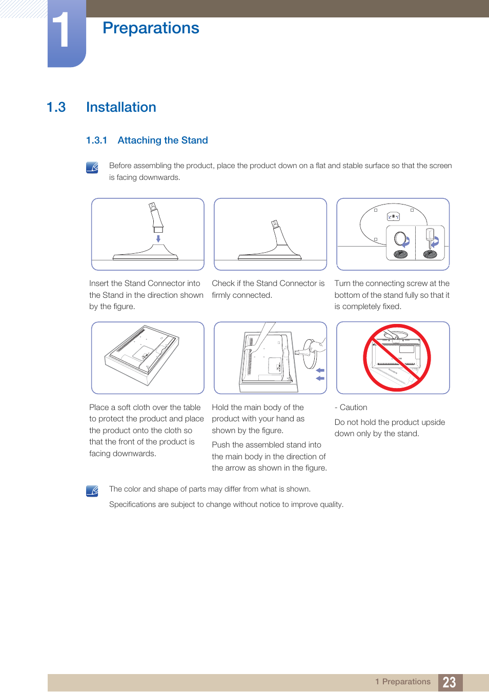 3 installation, 1 attaching the stand, Installation | Attaching the stand, Preparations | Samsung LS27B550VSY-ZA User Manual | Page 23 / 102