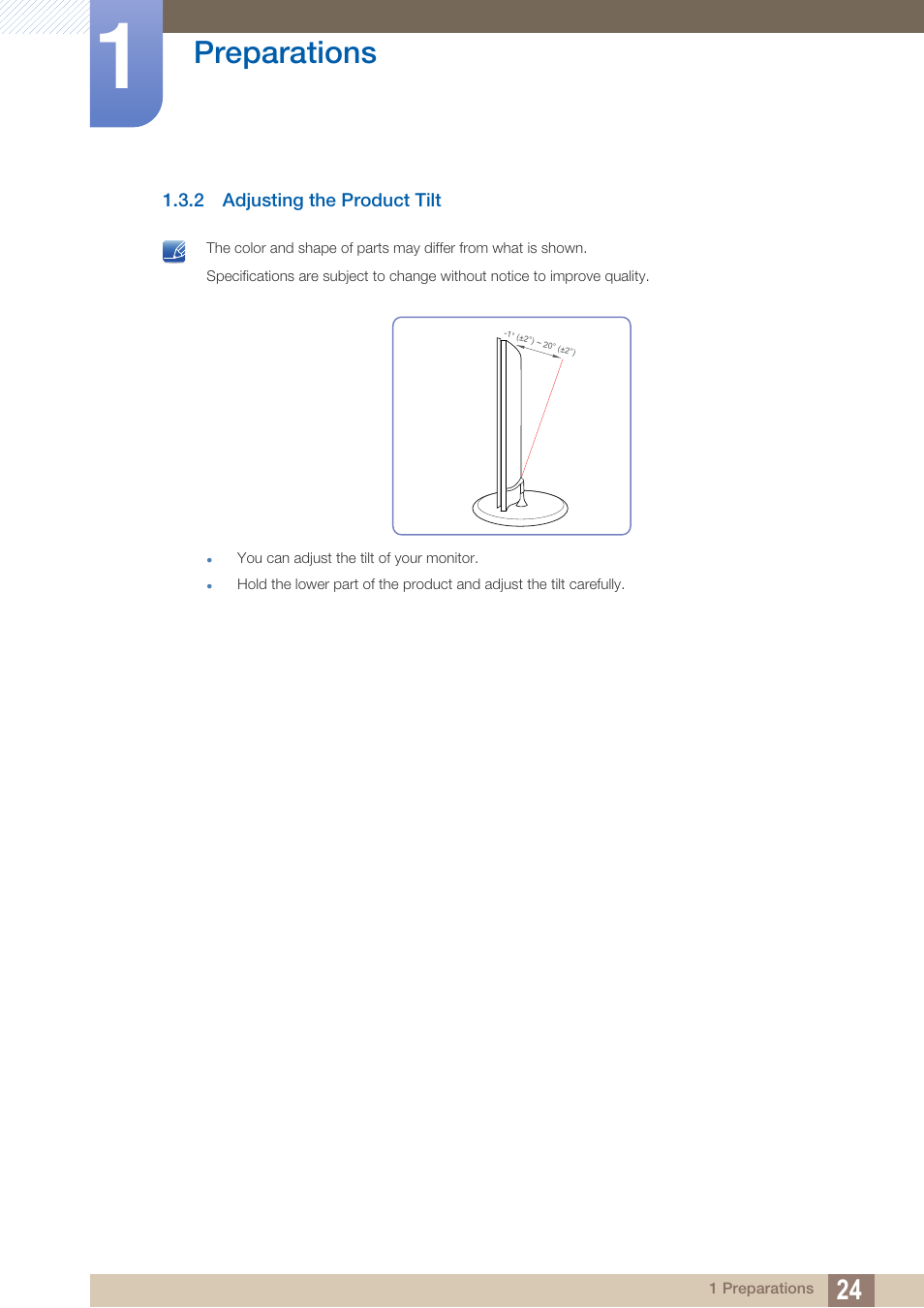 2 adjusting the product tilt, Adjusting the product tilt, Preparations | Samsung LS27B550VSY-ZA User Manual | Page 24 / 102