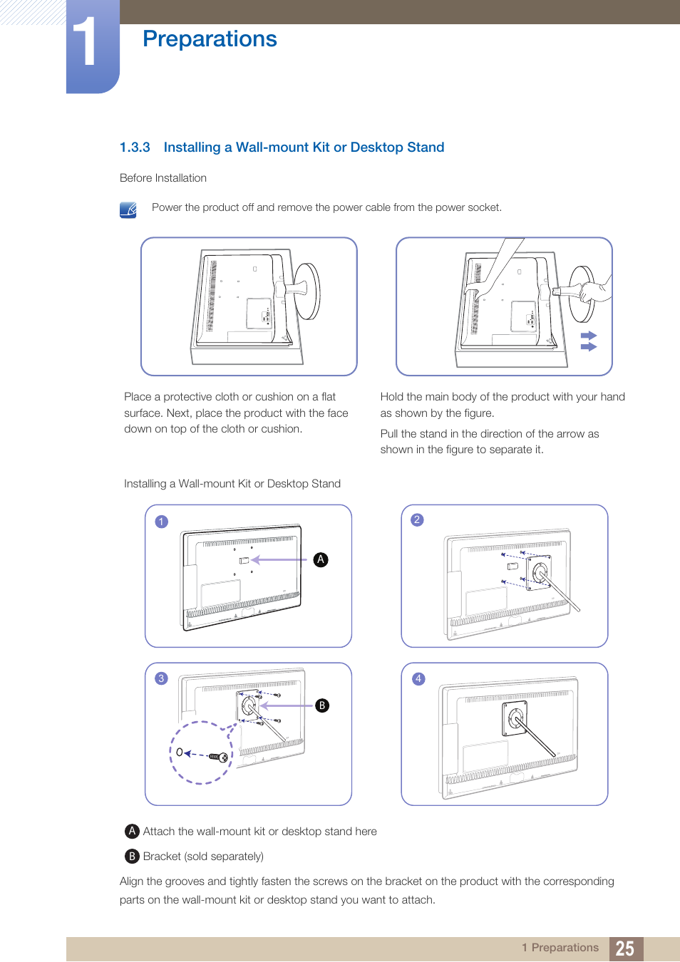 3 installing a wall-mount kit or desktop stand, Installing a wall-mount kit or desktop stand, Preparations | Samsung LS27B550VSY-ZA User Manual | Page 25 / 102